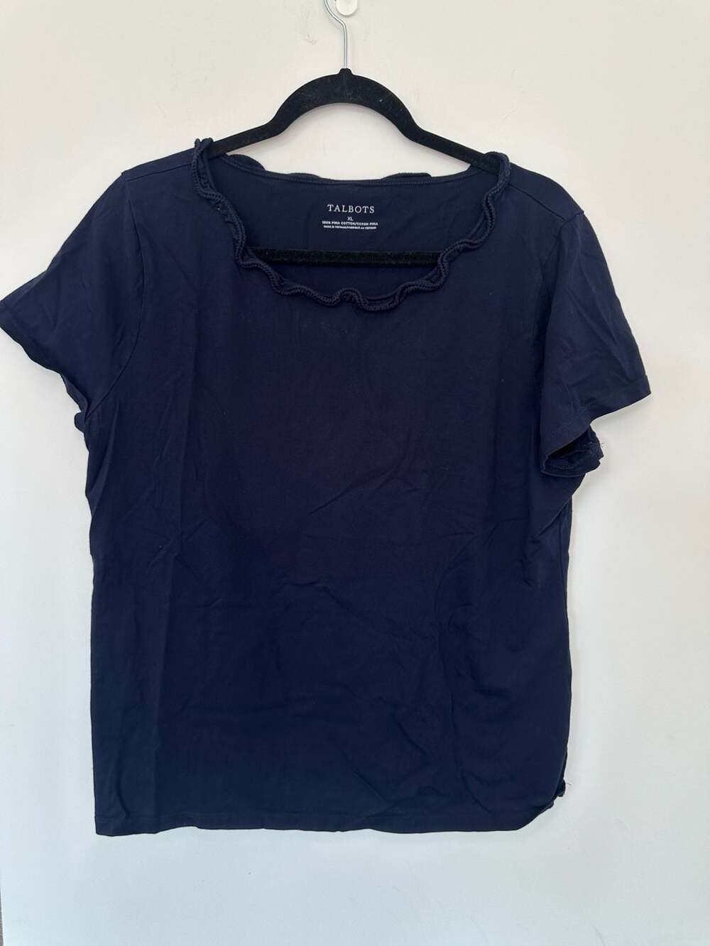 Talbots 100% Pima Cotton Navy Blue Scalloped Neck Short Sleeve T-Shirt XL